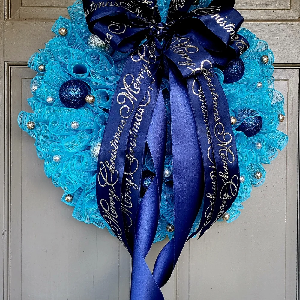 New Handmade Blue Christmas Wreath with Ribbon Accents
